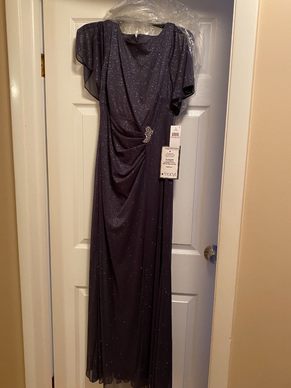 S.L. Fashions Sparkling Dark Navy Maxi Dress with Jewel Brooch